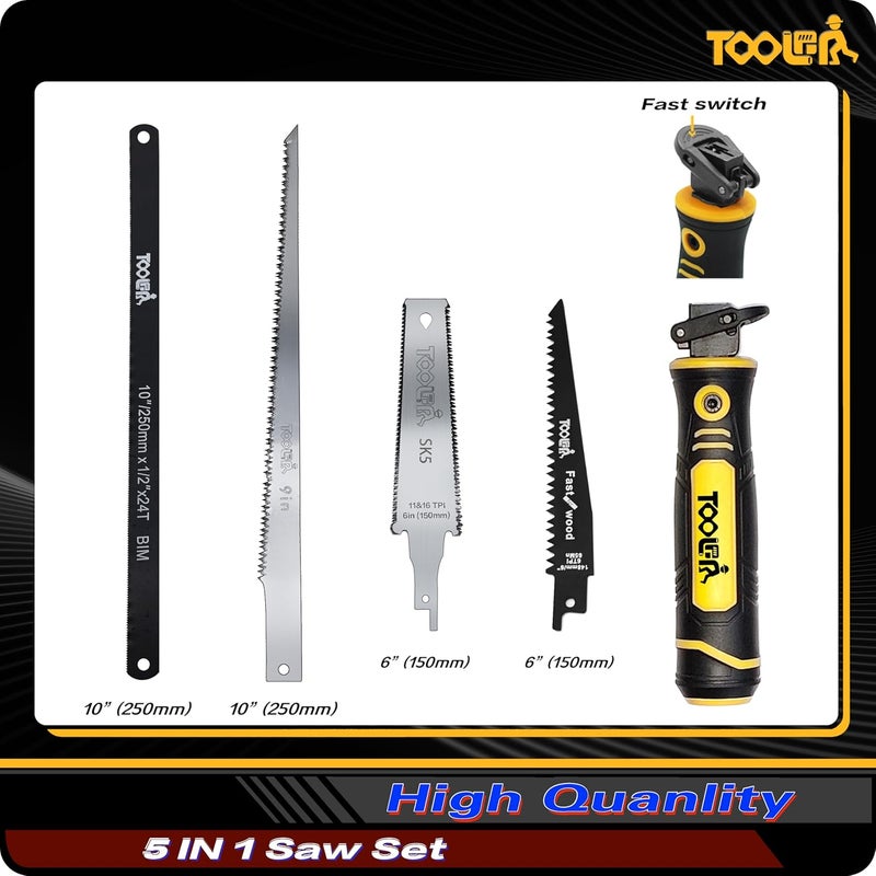 TOOLAN 5-In-1 Multi Blades Hand Saw, 6 Inch(11T/16T) Double Edges Japanese Pull, DrywallSaw, HackSaw, Jab Saw, for Woodworking, Hard/Soft woods cutting, Metal, Blade Quick Change Mechanism. - Image 2
